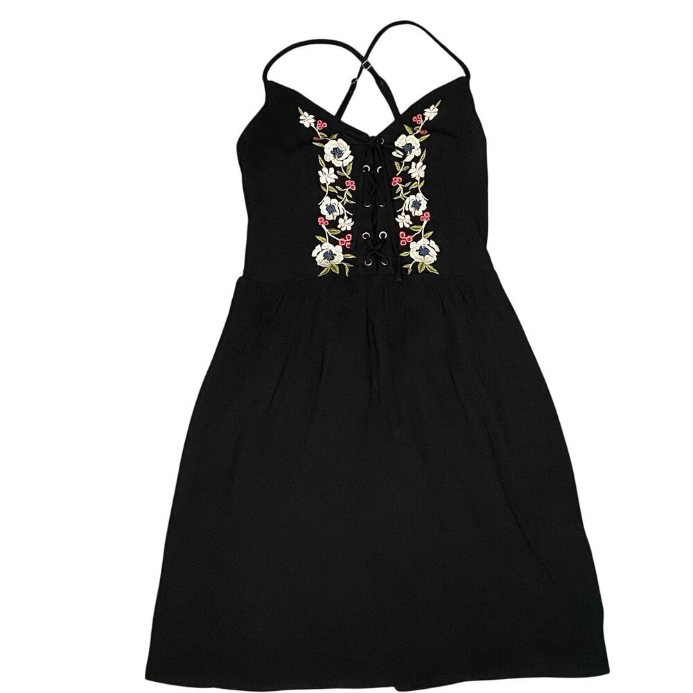 Abercrombie And Finch Floral Embroidery Dress Sz S Black Mini Boho